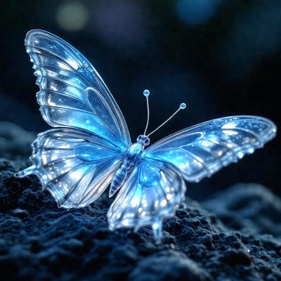 The primary subject of the image is a blue butterfly with a glowing effect, sitting on a rock. The setting is a dark environment, possibly a nighttime scene. The visual style appears to be a combination of a photo and digital art, creating a unique and captivating appearance. The colors and mood of the image are predominantly dark and mysterious, with the blue butterfly standing out as the main focal point.
